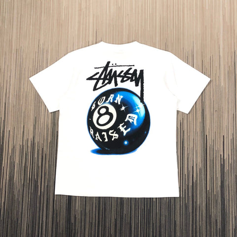 STUSSY X BORN X RAISED 8 BALL TEE WHITE SIZE M, L, XL